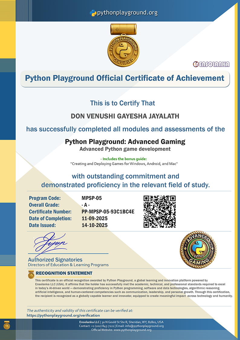 Sample Certificate — Advanced Gaming