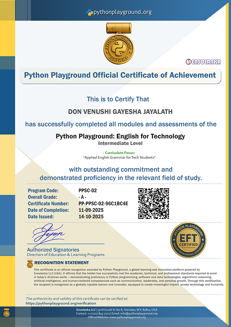 Sample Certificate — English for Technology - Intermediate Level
