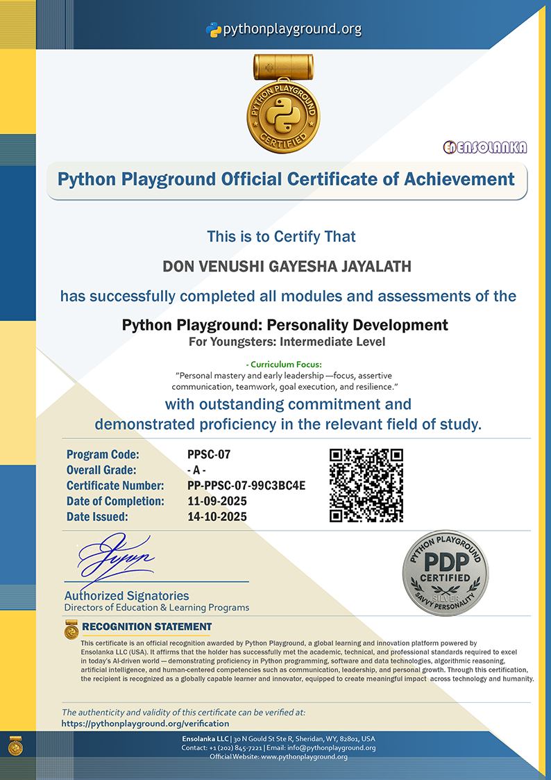Sample Certificate — Personality Development - Intermediate Level